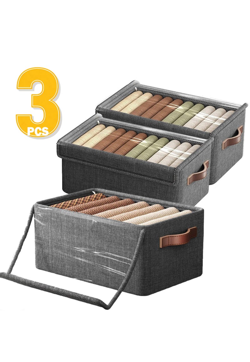 BOUND MOAT 3 PCS Wardrobe Clothes Organizer - Foldable Cube Storage Bin with Supporting Steel Frame and Dust Cover, Washable, Suitable for Clothing, Jeans, Etc. Drawer Storage Box with Handle, Suitable for Home, Bedroom, and Office (Grey) - Image 1